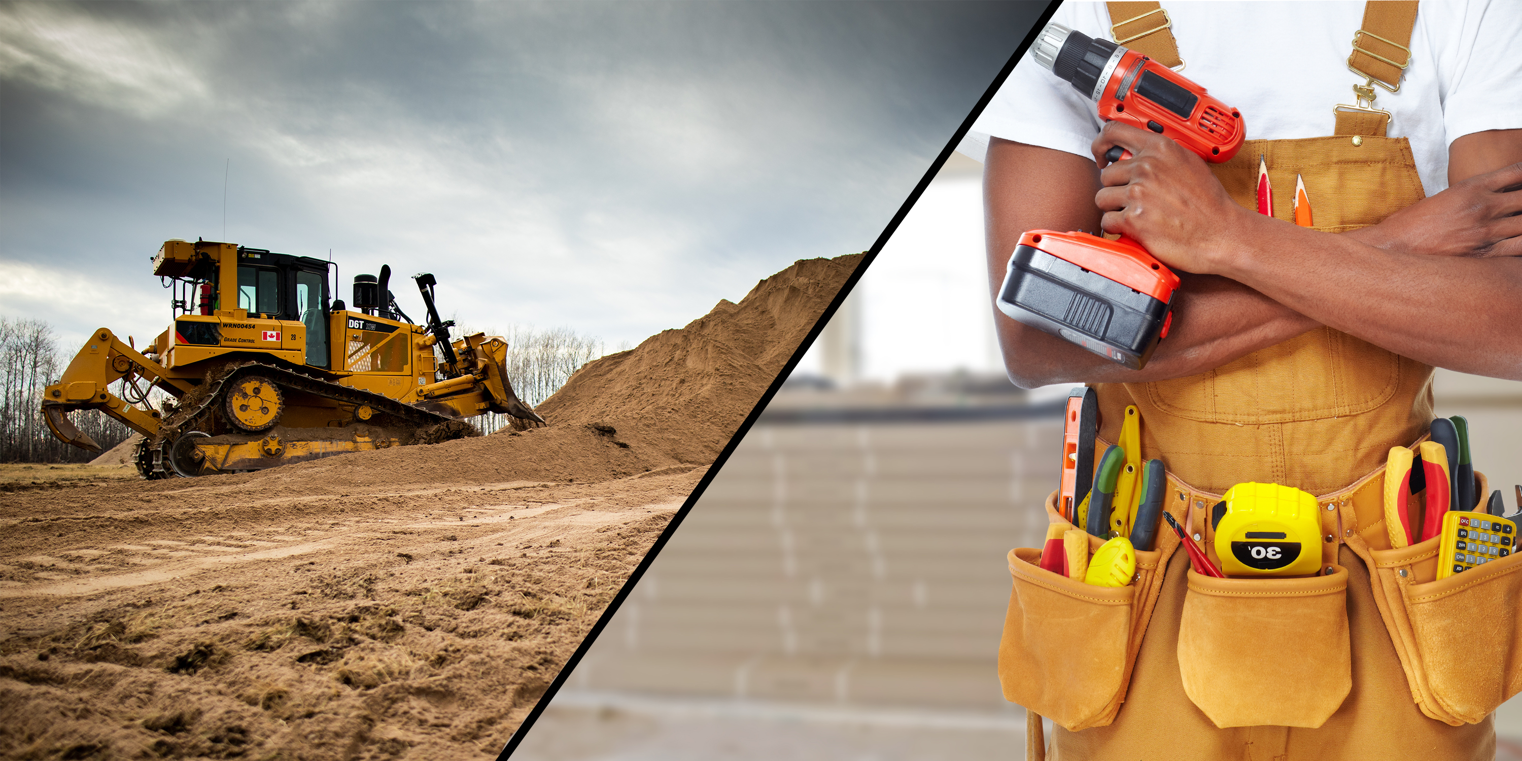 Split image of a bulldozer and a man wearing a tool belt.