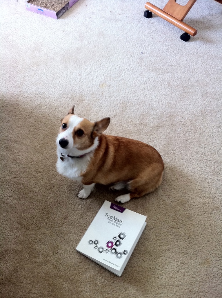 Corgi dog sitting next to a book titled TextMate