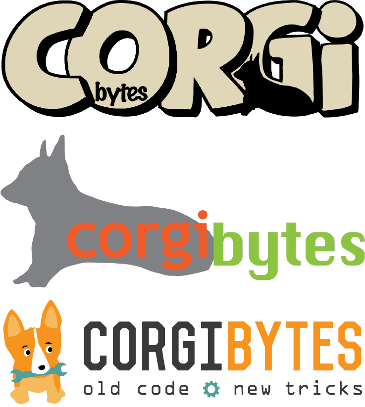 Three different versions of the Corgibytes logo, the oldest at the top and the newest on the bottom