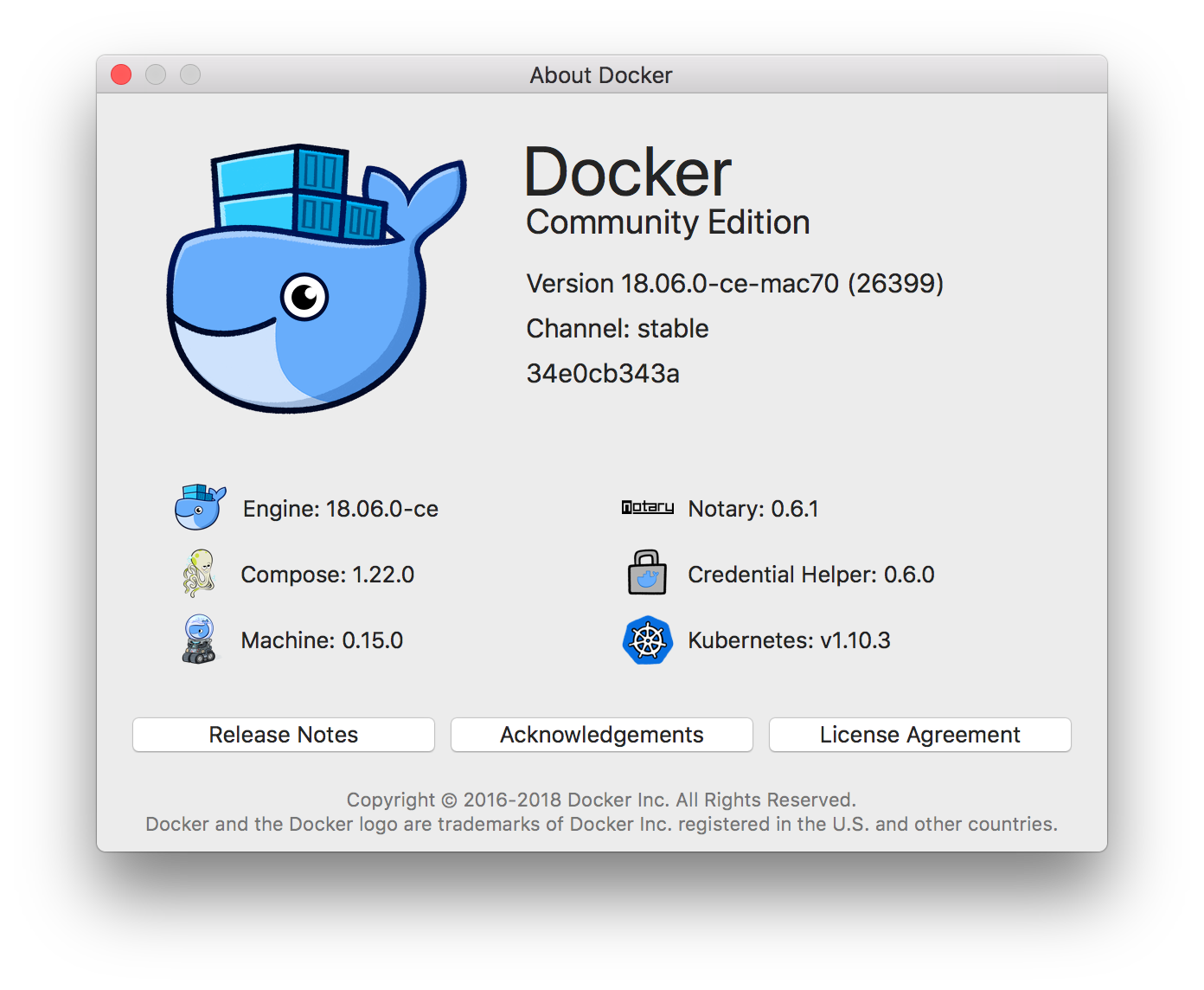 Screenshot of Docker for Mac "About Docker" dialog box