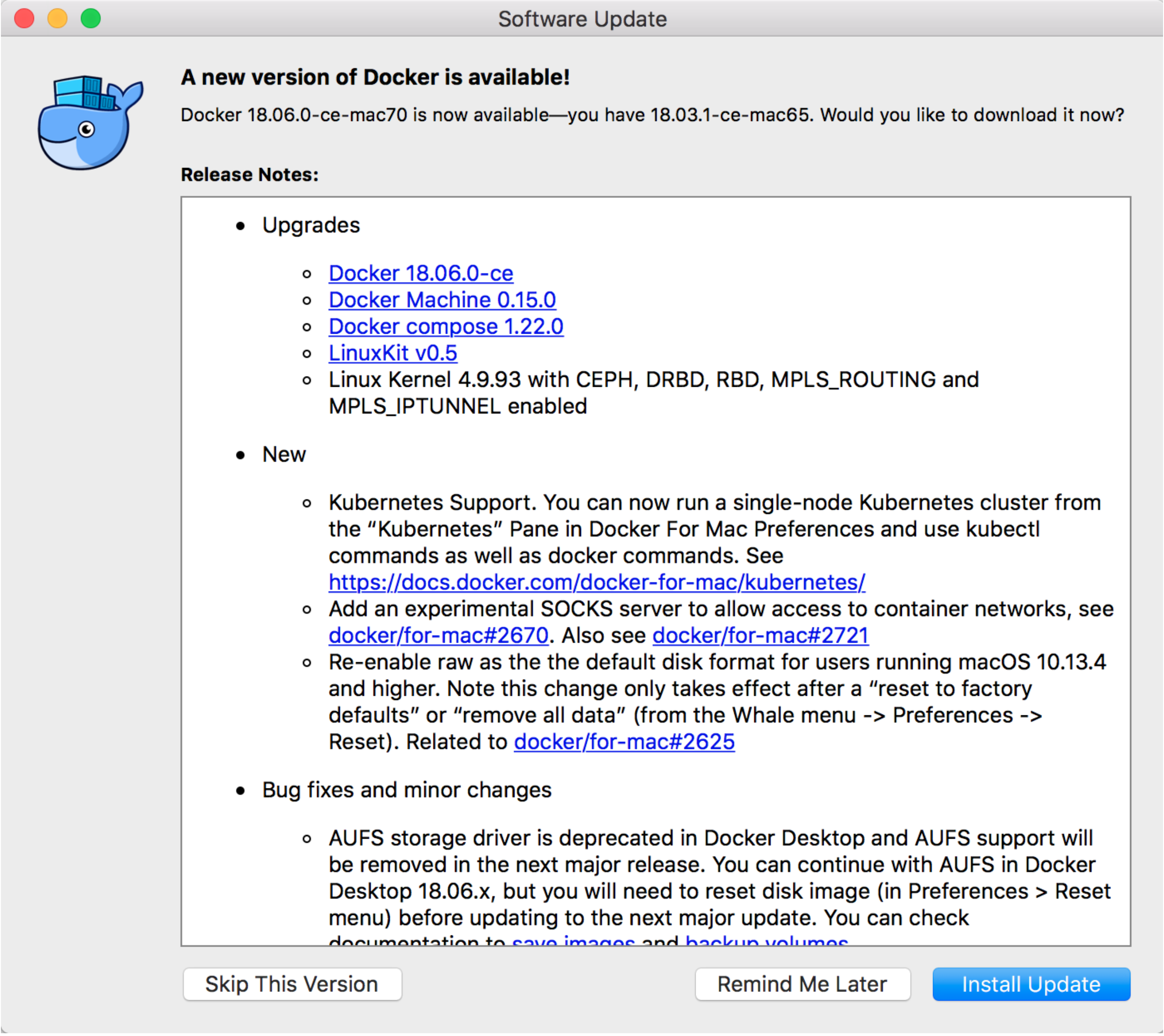 Image of Docker for Mac software update notification