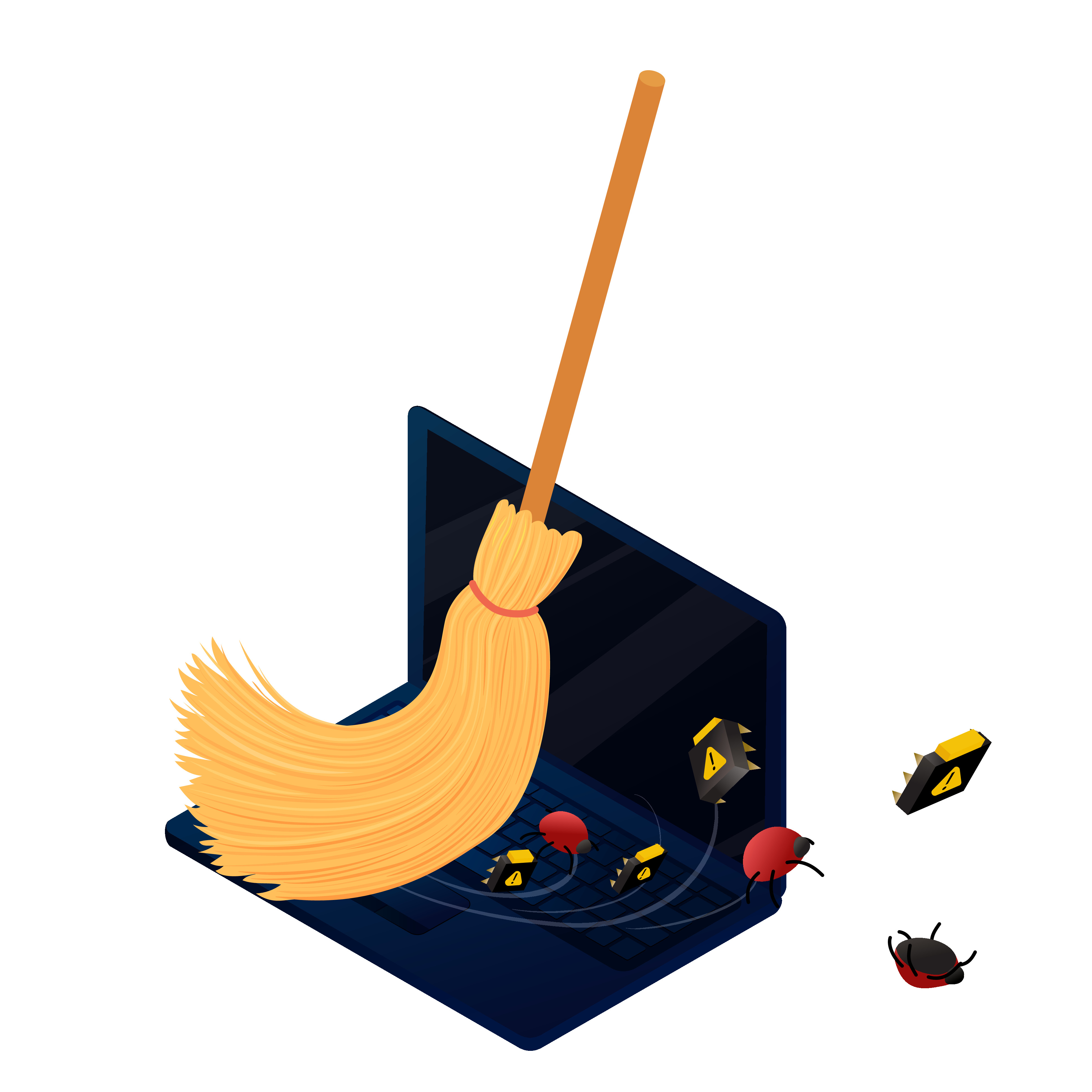 Cartoon broom sweeping bugs off a computer